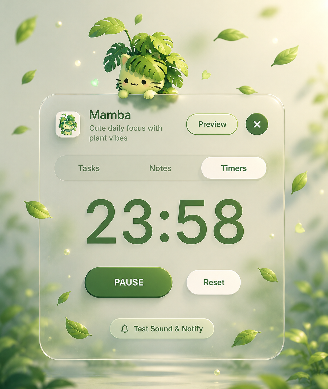Mamba timer view with a 23:58 countdown and pause control